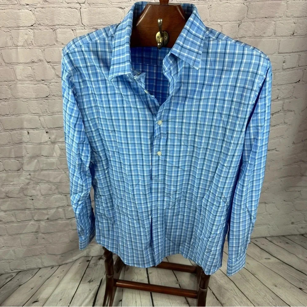 Men's land's end regular fit shirt size medium blue plaid preppy outdoorsy